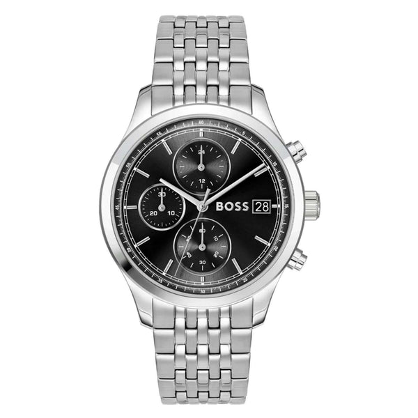 Ανδρικό ρολόι Boss Stratus 1514328 χρονογράφος με ασημί μπρασελέ από ανοξείδωτο ατσάλι, μαύρο καντράν 41mm, ένδειξη ημερομηνίας και διπλή ώρα.