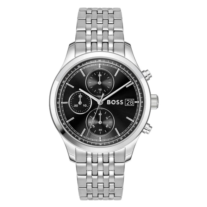 Ανδρικό ρολόι Boss Stratus 1514328 χρονογράφος με ασημί μπρασελέ από ανοξείδωτο ατσάλι, μαύρο καντράν 41mm, ένδειξη ημερομηνίας και διπλή ώρα.