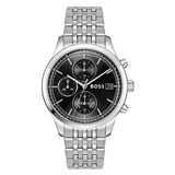 Ανδρικό ρολόι Boss Stratus 1514328 χρονογράφος με ασημί μπρασελέ από ανοξείδωτο ατσάλι, μαύρο καντράν 41mm, ένδειξη ημερομηνίας και διπλή ώρα.