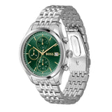 Πράσινο καντράν 41mm του ανδρικού ρολογιού Boss Stratus 1514330 με χρονογράφο, ένδειξη ημερομηνίας, διπλή ώρα και ορυκτό κρύσταλλο ειδικής σκλήρυνσης.