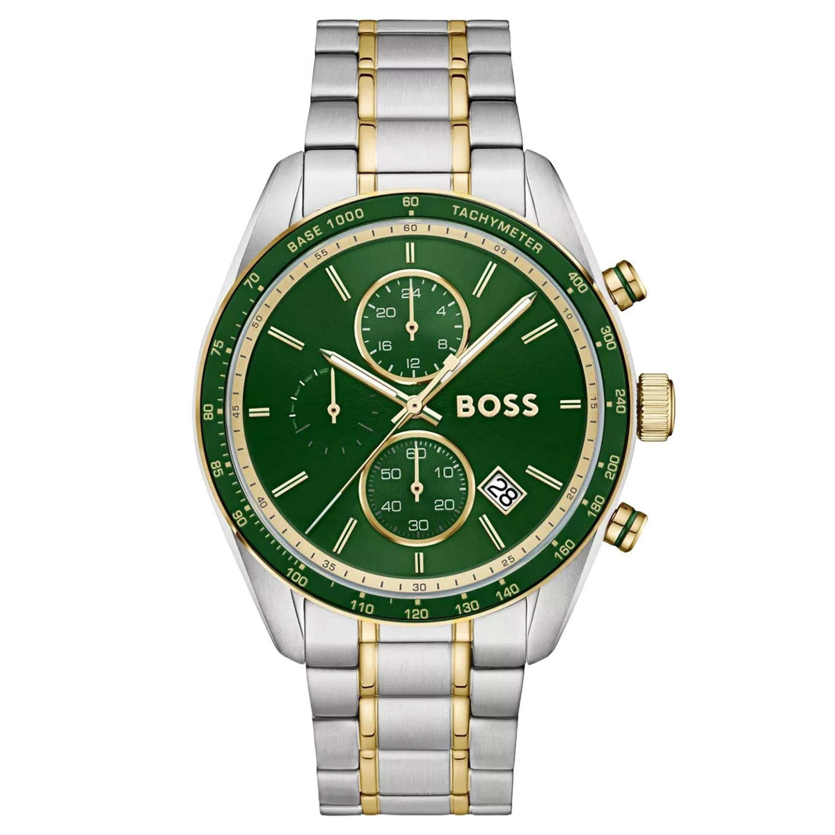 Ανδρικό ρολόι Boss Stratus 1514345 χρονογράφος με ασημί-χρυσό μπρασελέ και πράσινο καντράν