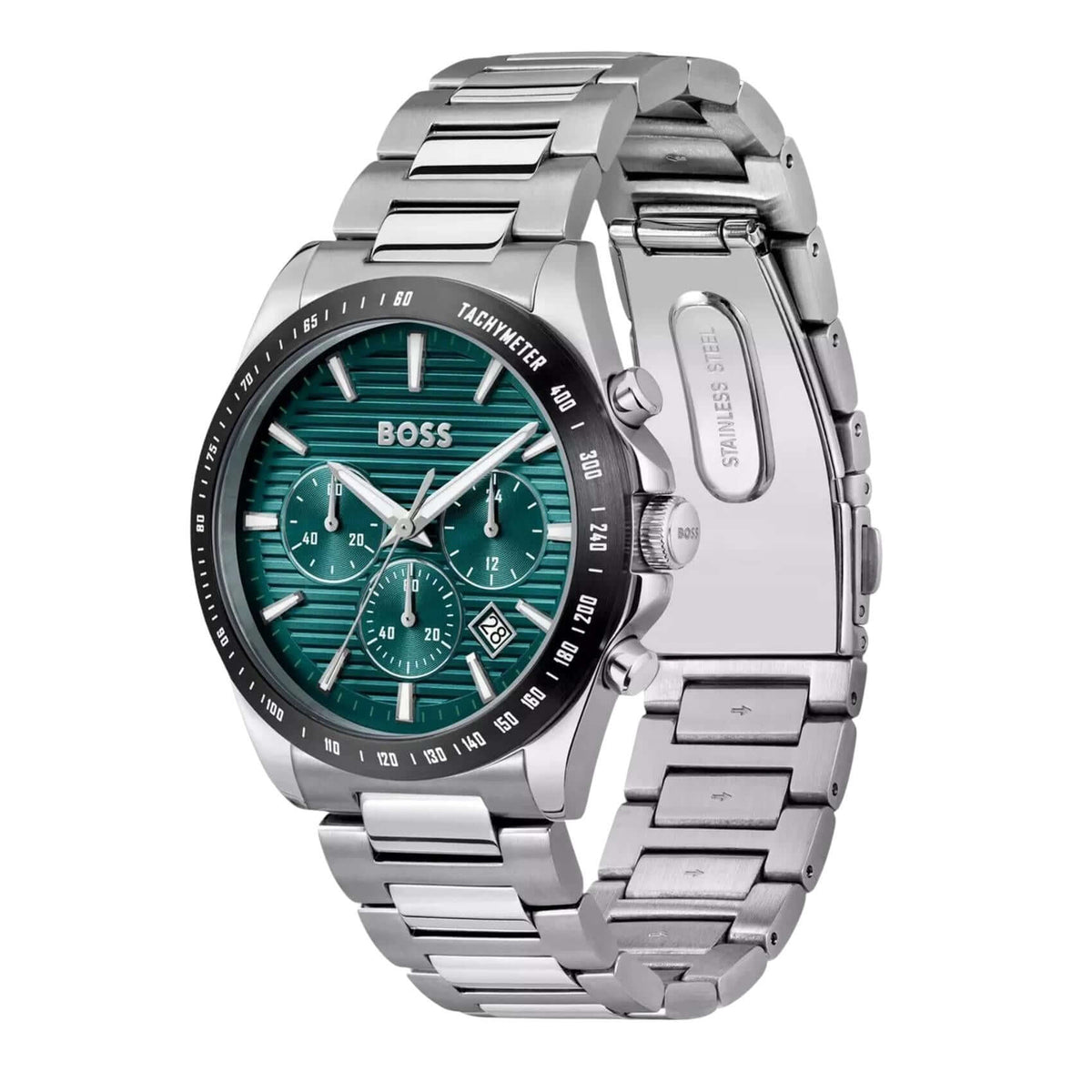 Πράσινο καντράν 41mm του ανδρικού ρολογιού Boss Strike 1514241 με χρονογράφο, ένδειξη ημερομηνίας, διπλή ώρα και ορυκτό κρύσταλλο ειδικής σκλήρυνσης.