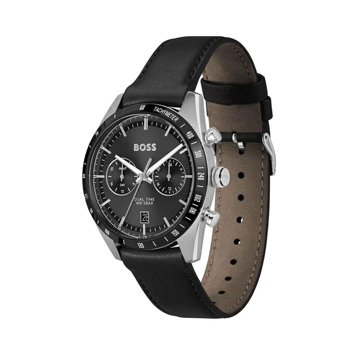 Μαύρο καντράν 41mm του ανδρικού ρολογιού Boss Tourmaster 1514284 με ένδειξη ημερομηνίας, διπλή ώρα και ταχύμετρο.