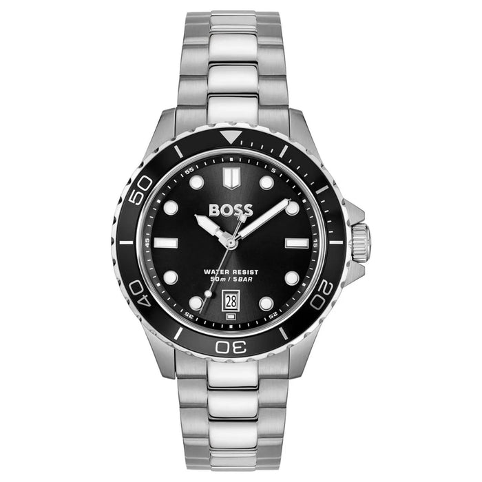 Ανδρικό ρολόι Boss Troper 1514295 με ασημί μπρασελέ από ανοξείδωτο ατσάλι, μαύρο καντράν 42mm και ένδειξη ημερομηνίας.