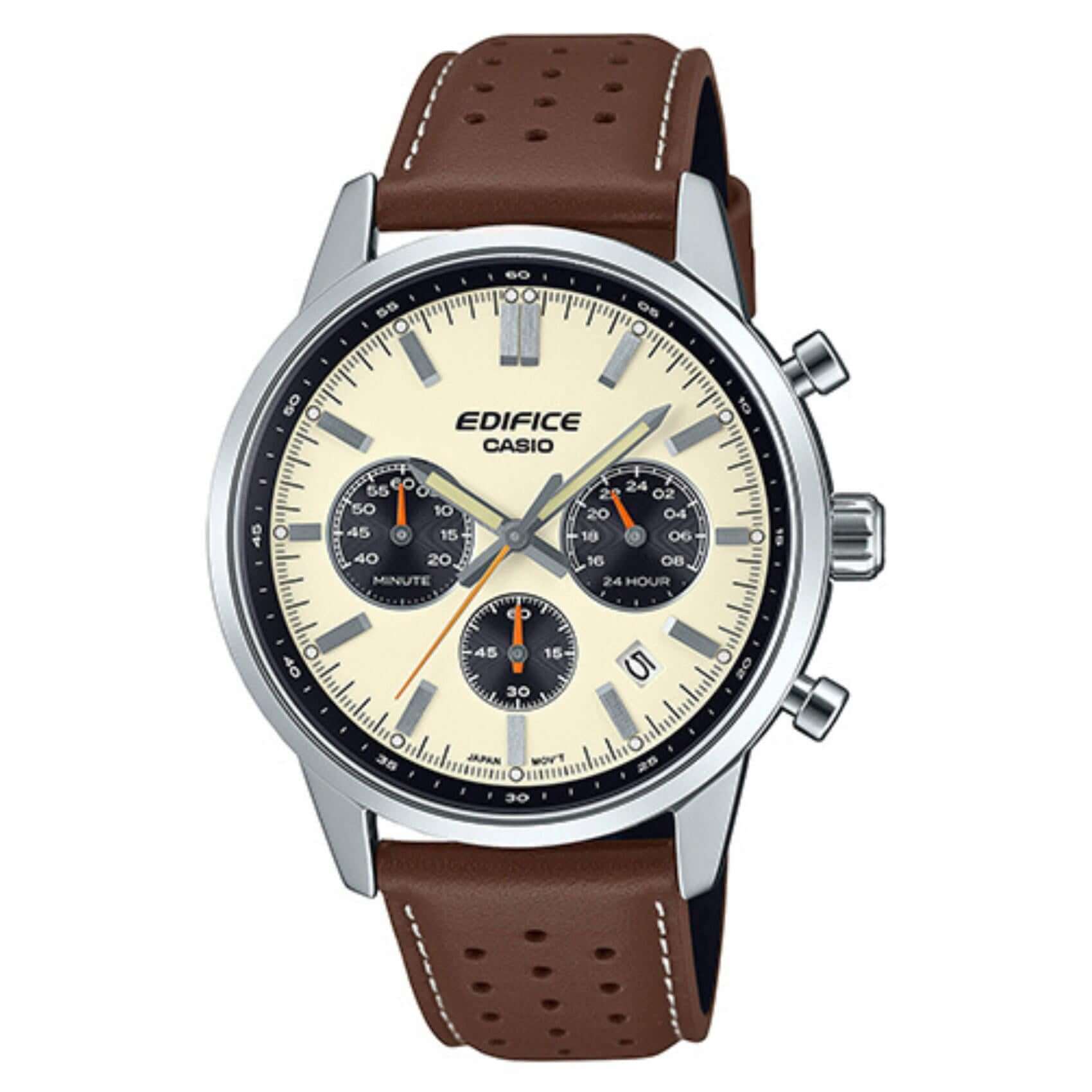 Ανδρικό ρολόι Casio Edifice EFR-575L-7AEF χρονογράφος με καφέ δερμάτινο λουράκι και μπεζ καντράν 40.5 mm.