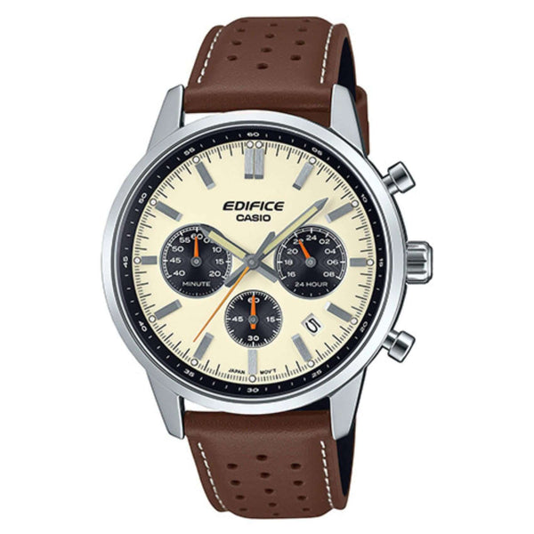Ανδρικό ρολόι Casio Edifice EFR-575L-7AEF χρονογράφος με καφέ δερμάτινο λουράκι και μπεζ καντράν 40.5 mm.