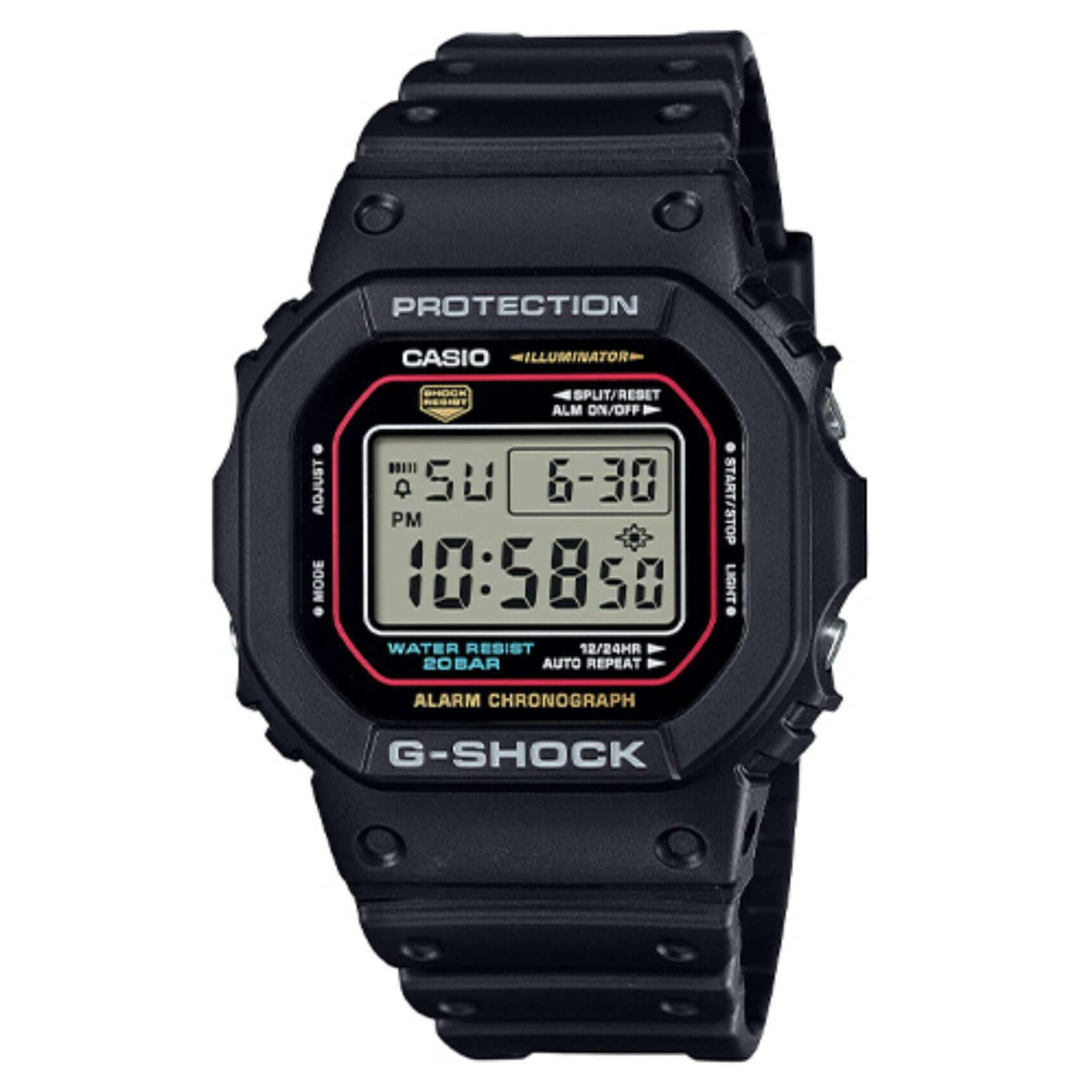 Ανδρικό ρολόι Casio G-Shock DW-5600RL-1ER με μαύρο καουτσούκ λουράκι και μαύρο ψηφιακό καντράν σε τετράγωνο σχήμα.