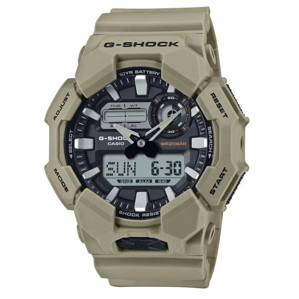 Ανδρικό ρολόι Casio G-Shock GA-010-5AER με μπεζ καουτσούκ λουράκι και μαύρο καντράν 51.9 mm.