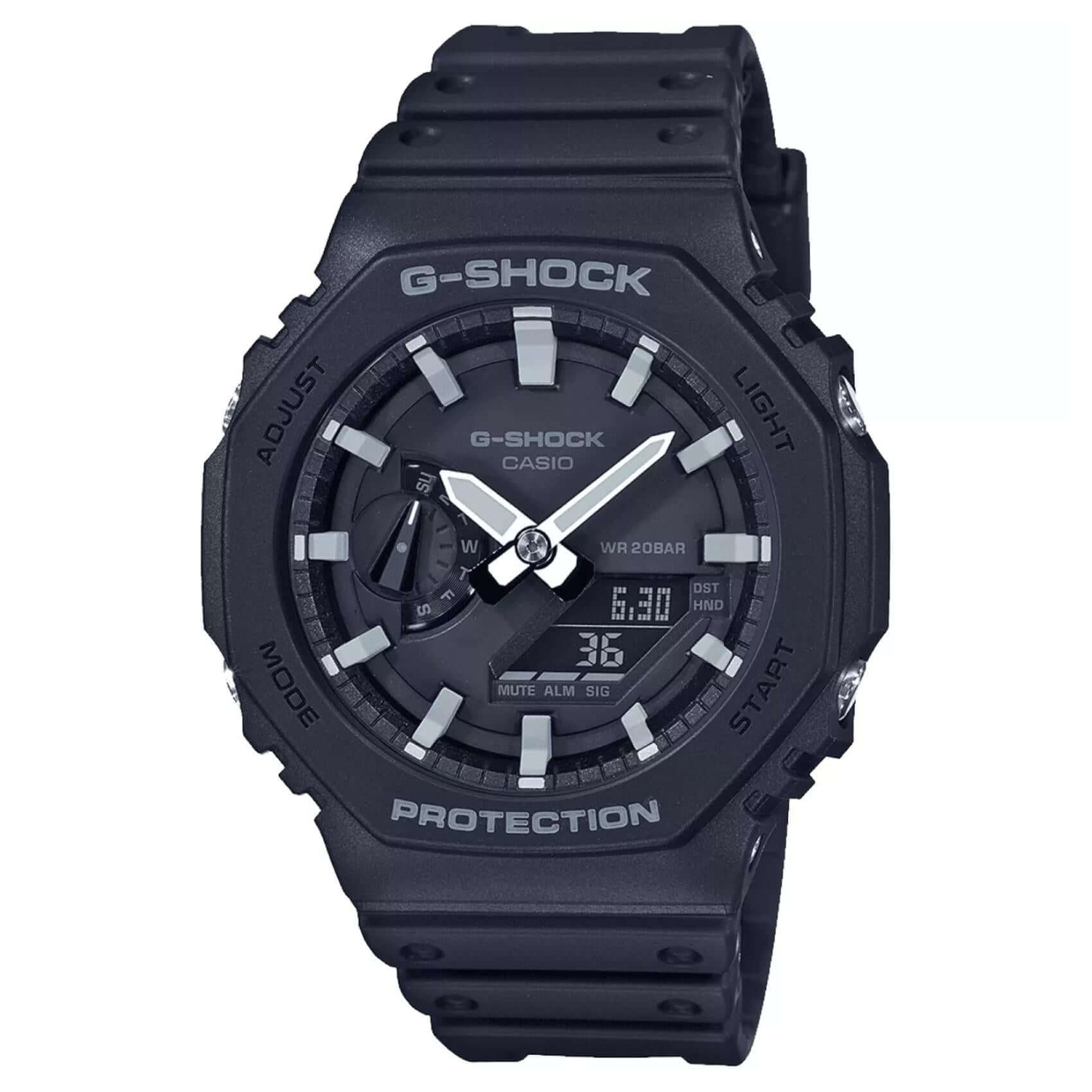Ανδρικό ρολόι Casio G-Shock GA-2100-1AER με μαύρο καουτσούκ λουράκι και μαύρο καντράν σε οκτάγωνο σχήμα 46 mm.