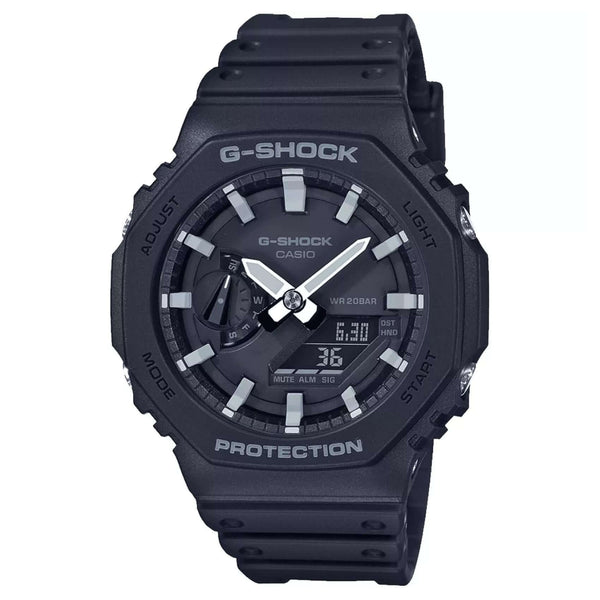 Ανδρικό ρολόι Casio G-Shock GA-2100-1AER με μαύρο καουτσούκ λουράκι και μαύρο καντράν σε οκτάγωνο σχήμα 46 mm.