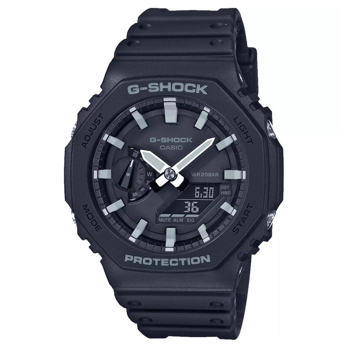 Ανδρικό ρολόι Casio G-Shock GA-2100-1AER με μαύρο καουτσούκ λουράκι και μαύρο καντράν σε οκτάγωνο σχήμα 46 mm.