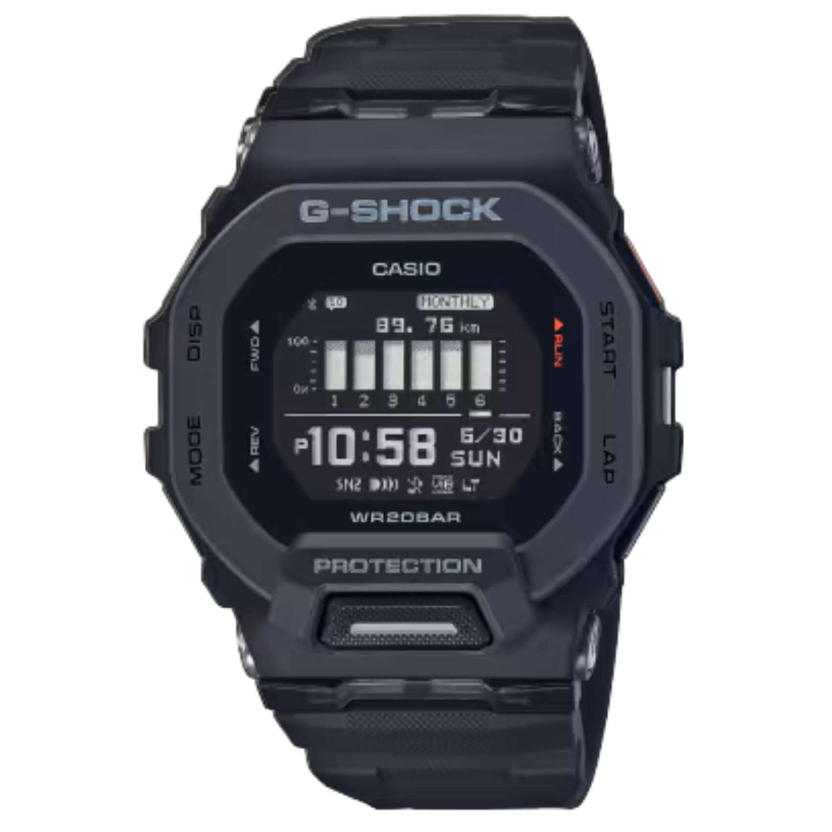 Ανδρικό ρολόι Casio G-Shock GBD-200-1ER με μαύρο καουτσούκ λουράκι και μαύρο καντράν 46 mm.