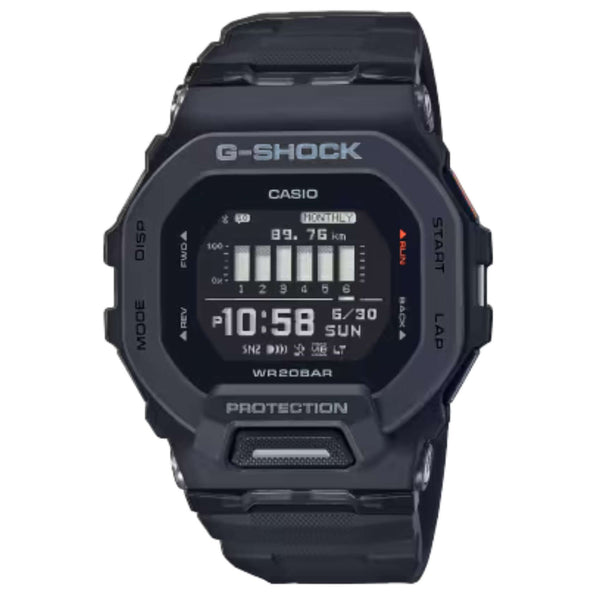 Ανδρικό ρολόι Casio G-Shock GBD-200-1ER με μαύρο καουτσούκ λουράκι και μαύρο καντράν 46 mm.