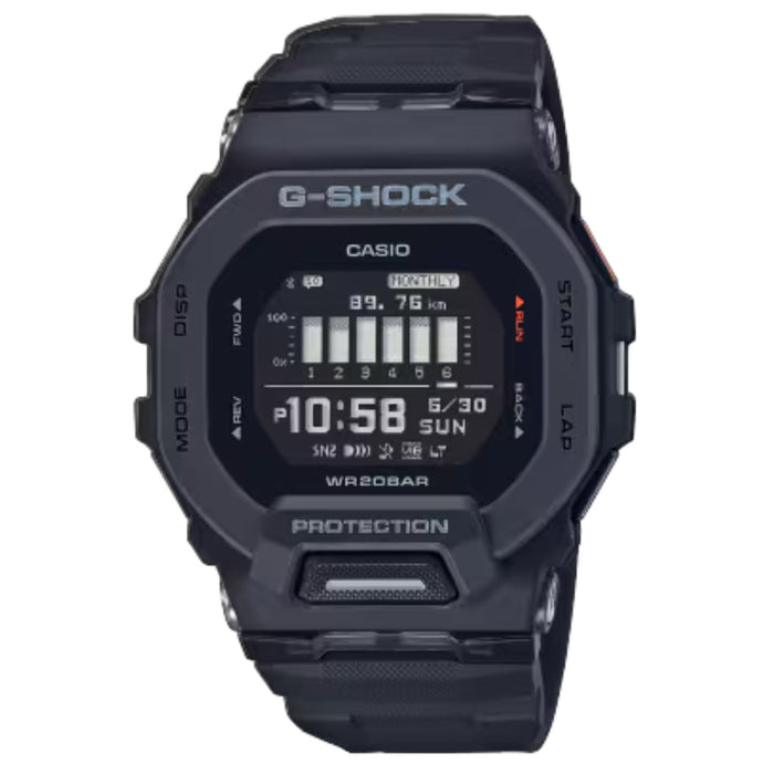 Ανδρικό ρολόι Casio G-Shock GBD-200-1ER με μαύρο καουτσούκ λουράκι και μαύρο καντράν 46 mm.