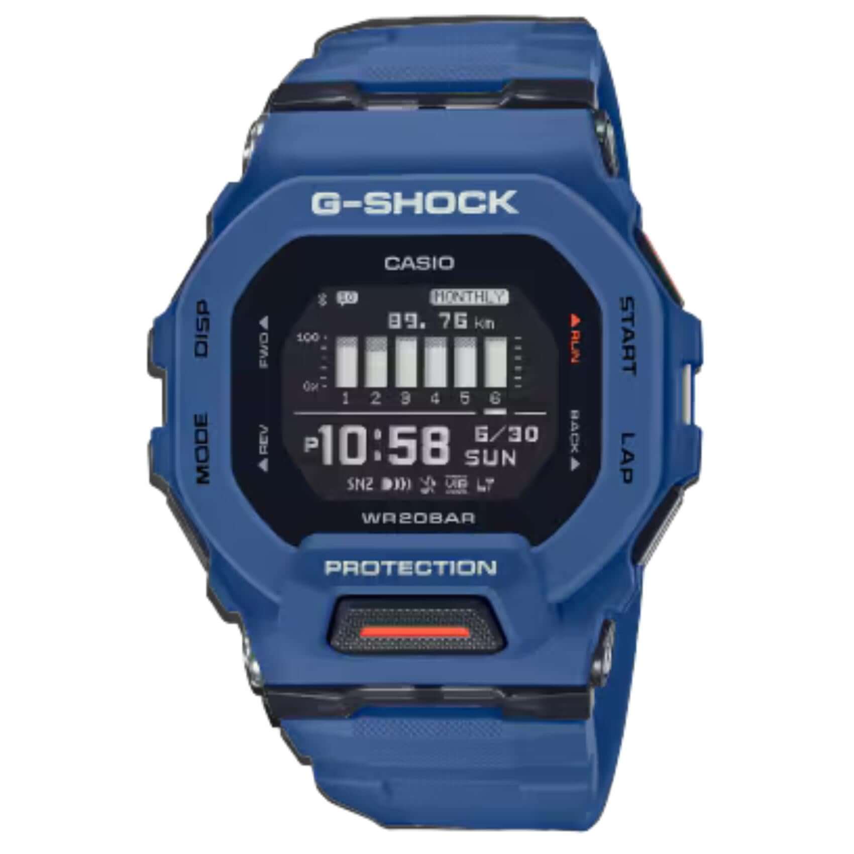 Ανδρικό ρολόι Casio G-Shock GBD-200-2ER με μπλε καουτσούκ λουράκι και μαύρο καντράν 46 mm.