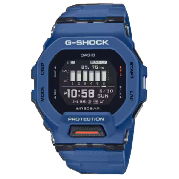 Ανδρικό ρολόι Casio G-Shock GBD-200-2ER με μπλε καουτσούκ λουράκι και μαύρο καντράν 46 mm.