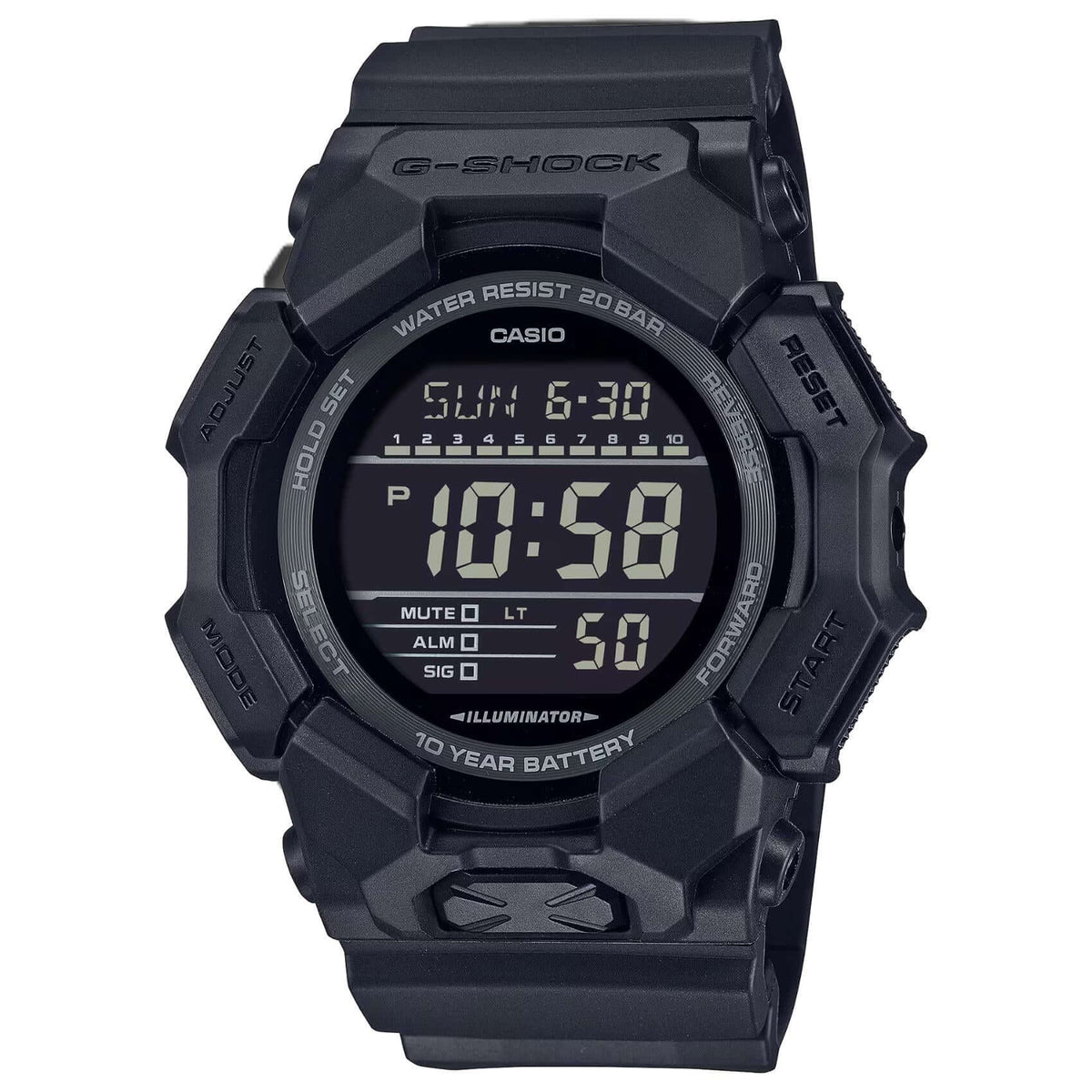 Ανδρικό ρολόι Casio G-SHOCK GD-010-1A1ER με μαύρο καουτσούκ λουράκι και μαύρο ψηφιακό καντράν.