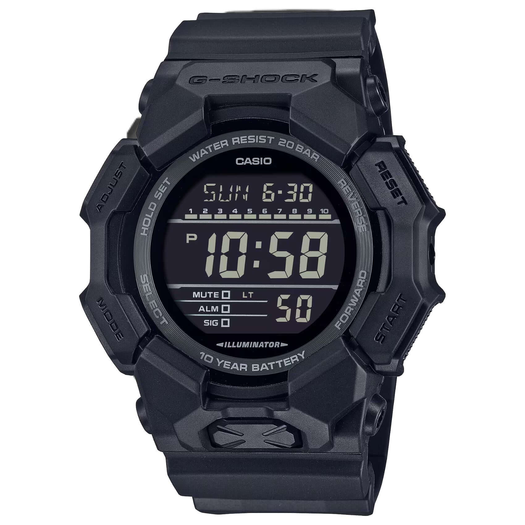Ανδρικό ρολόι Casio G-SHOCK GD-010-1A1ER με μαύρο καουτσούκ λουράκι και μαύρο ψηφιακό καντράν.