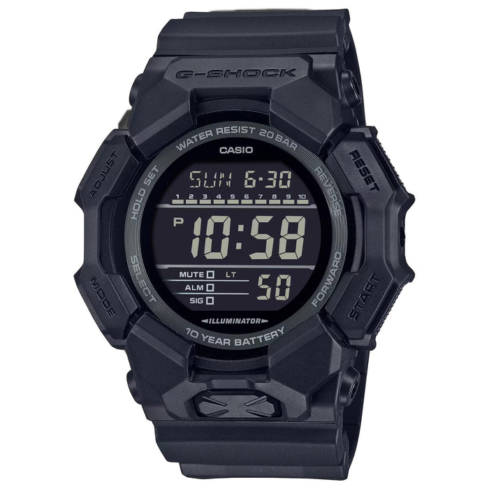 Ανδρικό ρολόι Casio G-SHOCK GD-010-1A1ER με μαύρο καουτσούκ λουράκι και μαύρο ψηφιακό καντράν.