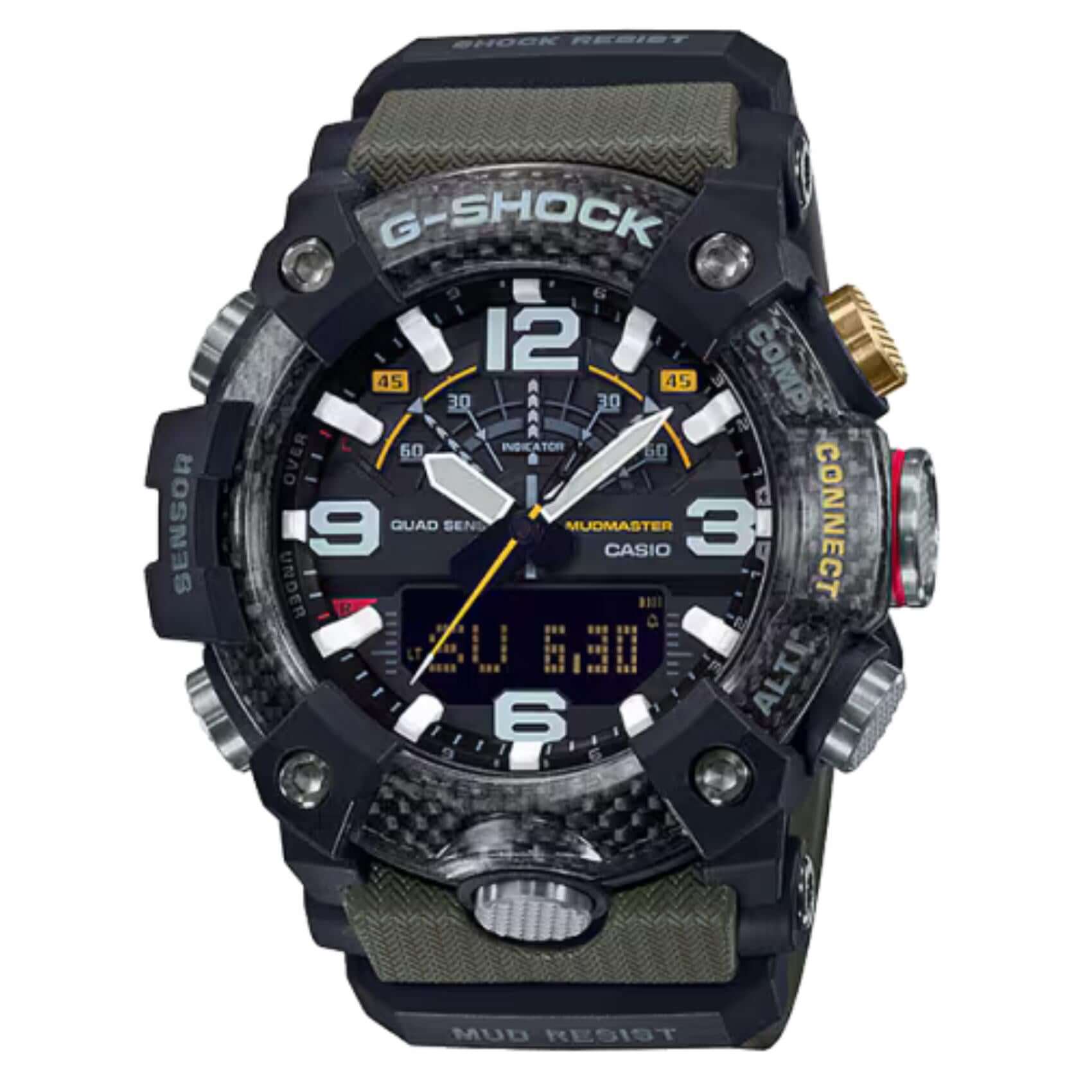 Ανδρικό ρολόι Casio G-SHOCK GG-B100-1A3ER με χακί καουτσούκ λουράκι και μαύρο αναλογικό-ψηφιακό καντράν 53 mm.