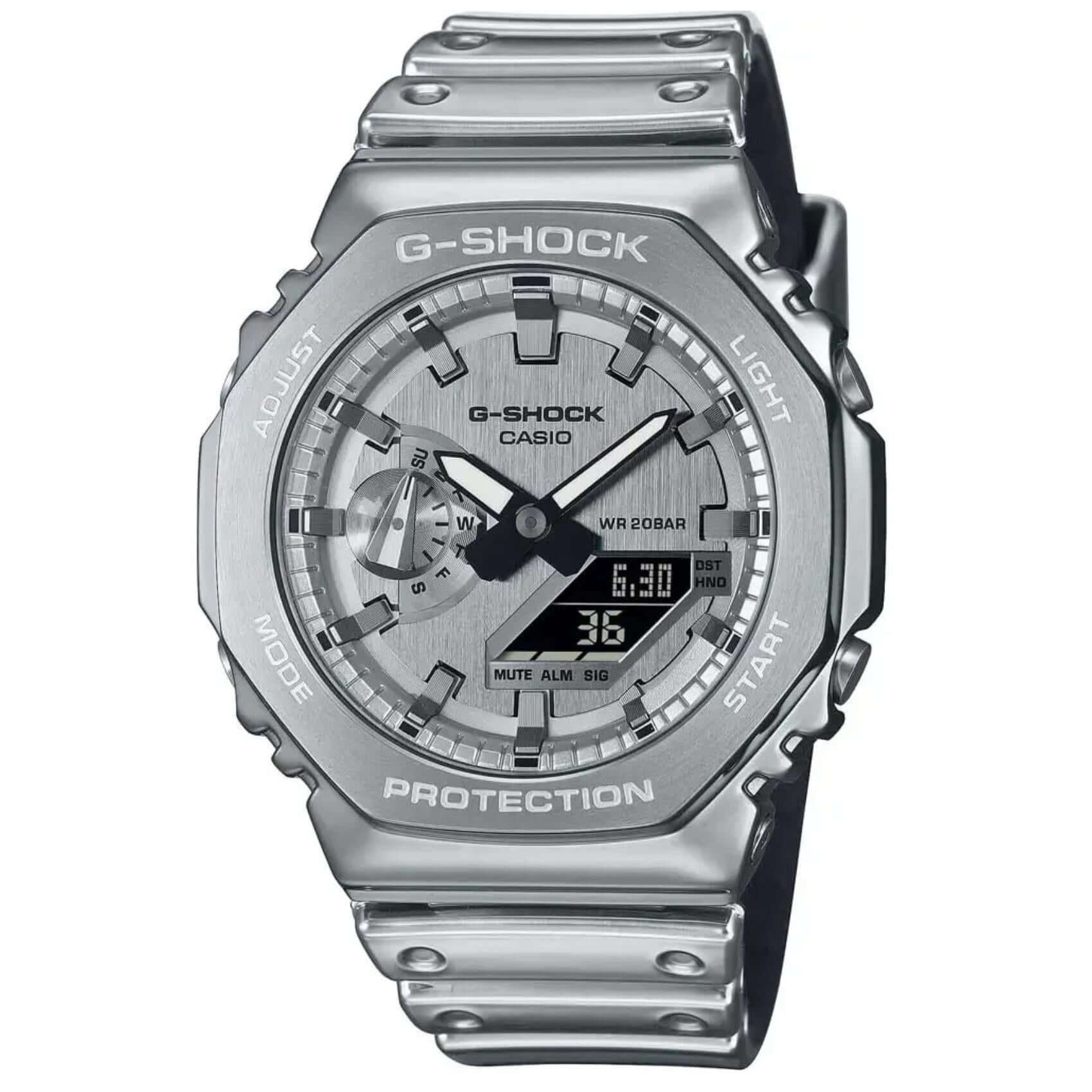 Ανδρικό ρολόι Casio G-SHOCK GM-2100YM-8AER με ασημί καουτσούκ λουράκι και οκτάγωνο ασημί καντράν 44.5 mm.