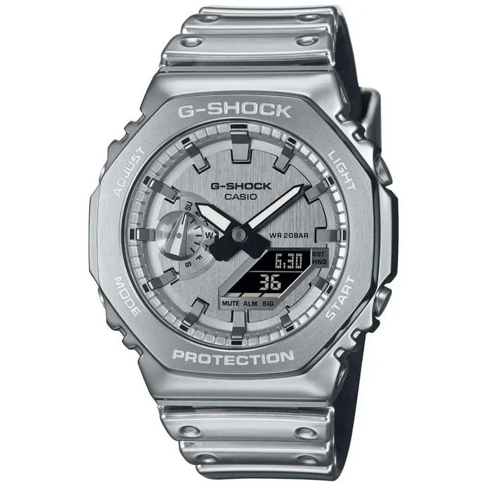 Ανδρικό ρολόι Casio G-SHOCK GM-2100YM-8AER με ασημί καουτσούκ λουράκι και οκτάγωνο ασημί καντράν 44.5 mm.