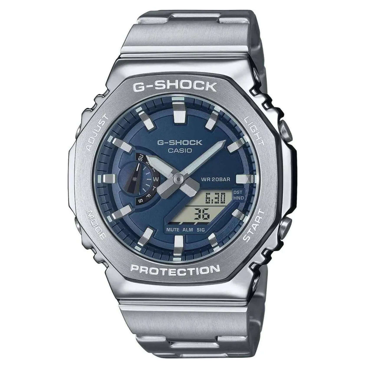 Ανδρικό ρολόι Casio G-SHOCK GM-2110D-2BER με ασημί ατσάλινο μπρασελέ και μπλε καντράν 44.5 mm.