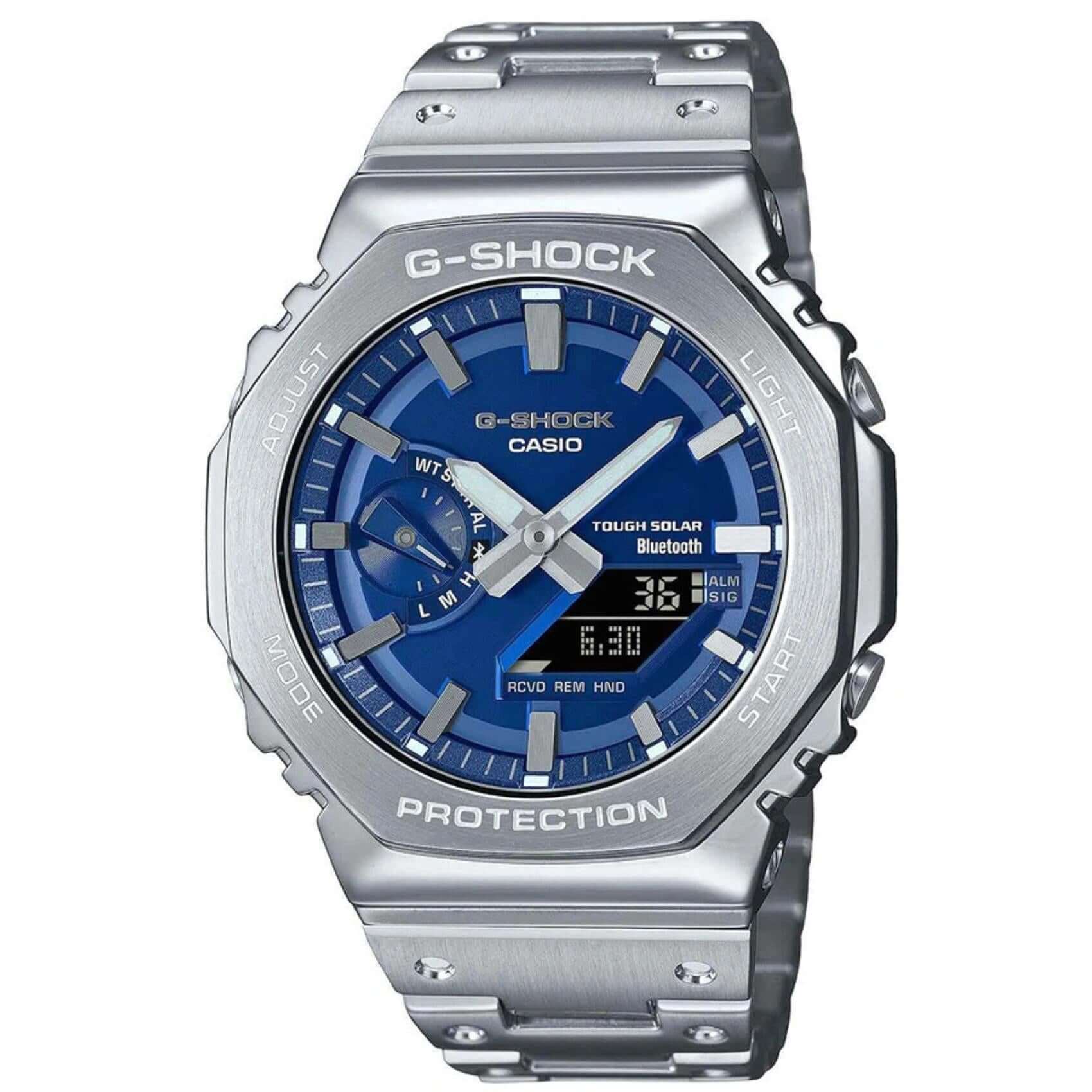 Ανδρικό ρολόι Casio G-SHOCK GM-B2100AD-2AER με ασημί ατσάλινο μπρασελέ και μπλε καντράν 44.5 mm.