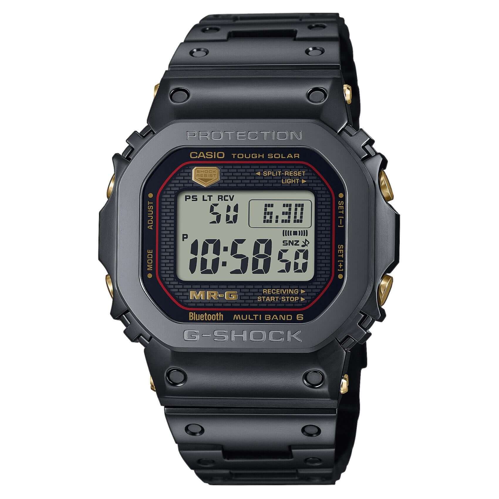 Ανδρικό ρολόι Casio G-Shock Pro MRG-B5000B-1DR με μαύρο μπρασελέ τιτανίου και μαύρο ψηφιακό καντράν σε τετράγωνο σχήμα.