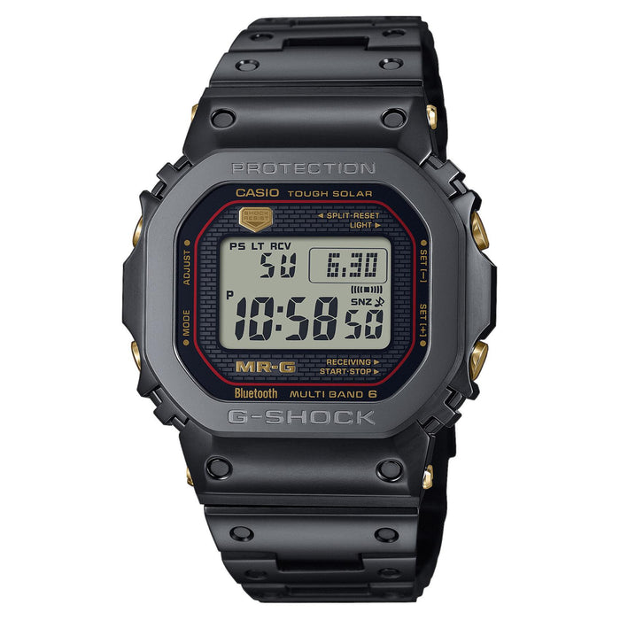 Ανδρικό ρολόι Casio G-Shock Pro MRG-B5000B-1DR με μαύρο μπρασελέ τιτανίου και μαύρο ψηφιακό καντράν σε τετράγωνο σχήμα.