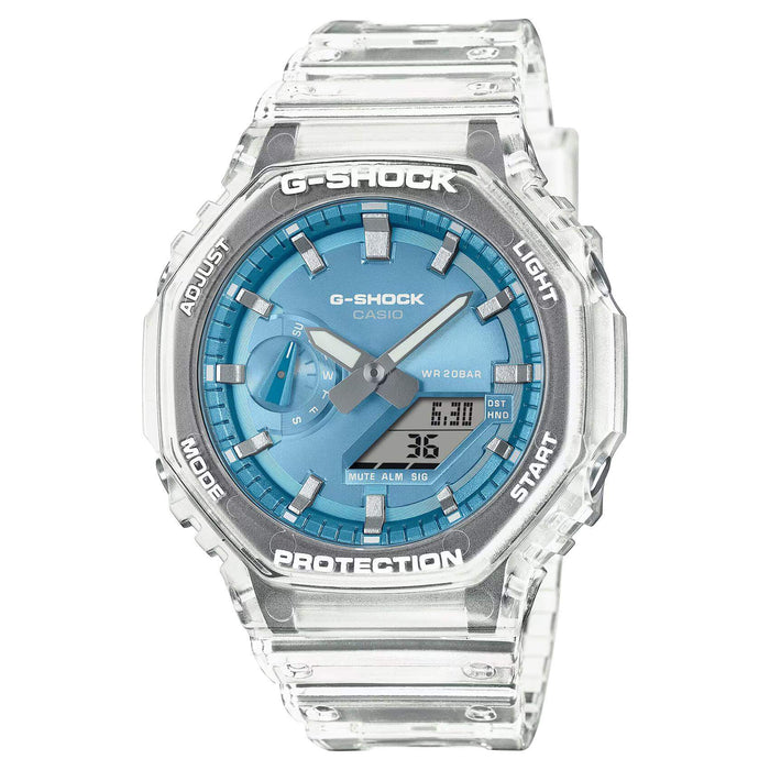 Ψηφιακό/αναλογικό ρολόι Casio G-shock GA-2100BM-7A2ER χρονογράφος με διάφανο καουτσούκ λουράκι και γαλάζιο καντράν 45,4 mm.