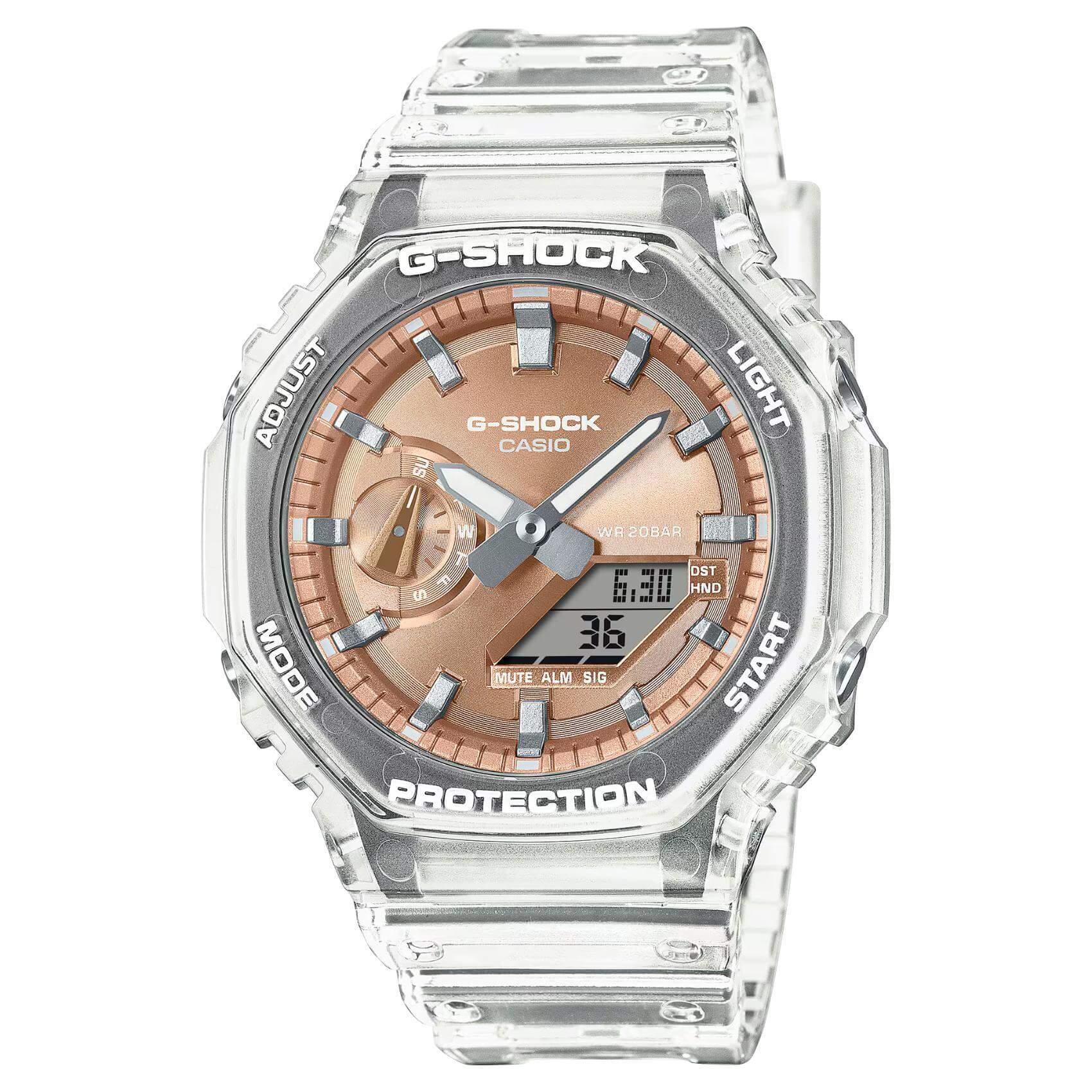 Ρολόι Casio G-Shock GA-2100BM-7A5ER με διάφανο λουράκι από καουτσούκ και οκτάγωνο ροζ-χρυσό καντράν 45,4mm, με ημερομηνία.