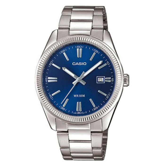 Ανδρικό ρολόι Casio MTP-1302PD-9AVEF με ασημί ατσάλινο μπρασελέ και μπλε καντράν, 38.5mm, με ημερομηνία.