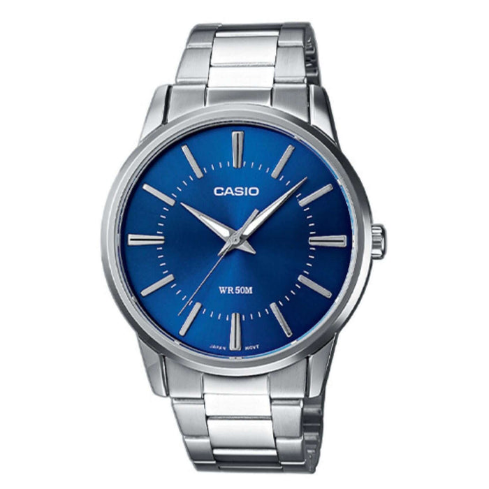 Ανδρικό ρολόι Casio MTP-1303PD-2AVEG με ασημί ατσάλινο μπρασελέ και μπλε καντράν, 40mm. 