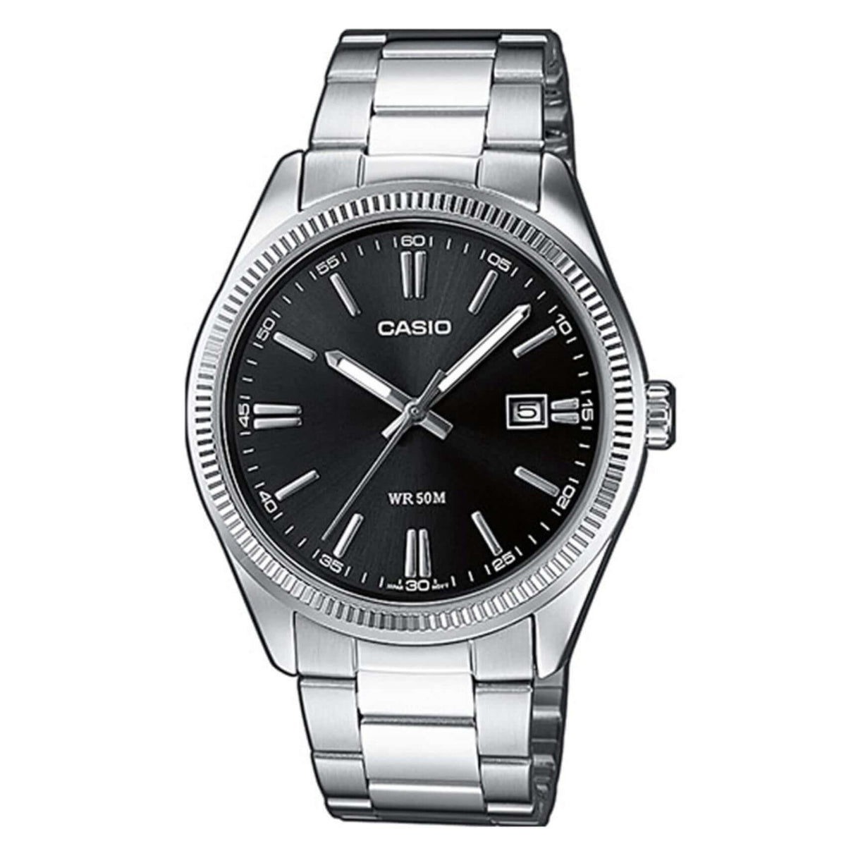 Ανδρικό ρολόι Casio Standard MTP-1302PD-1A1VEF με ασημί ατσάλινο μπρασελέ και μαύρο καντράν 38.5 mm.