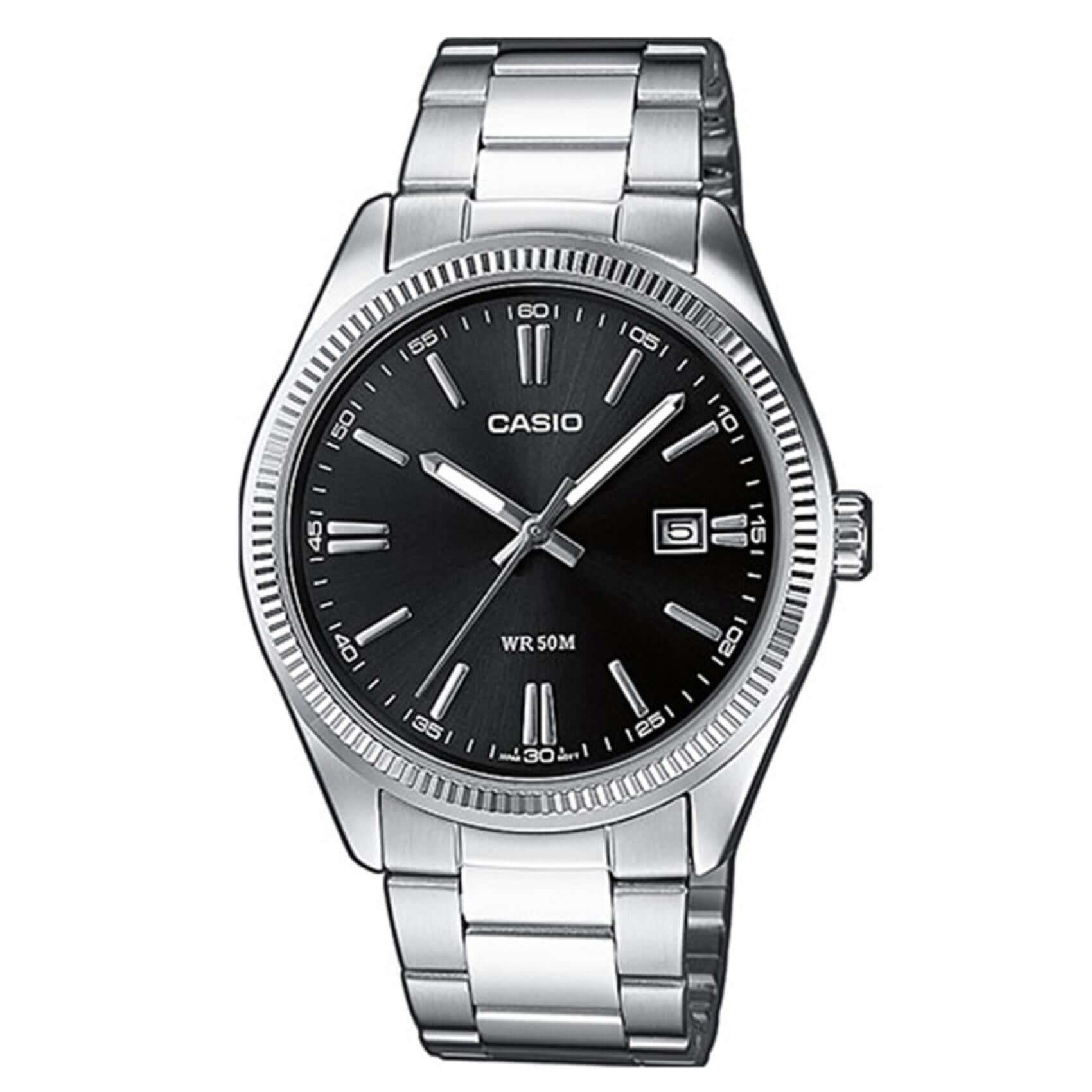 Ανδρικό ρολόι Casio Standard MTP-1302PD-1A1VEF με ασημί ατσάλινο μπρασελέ και μαύρο καντράν 38.5 mm.