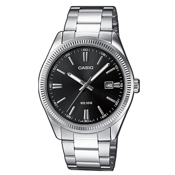 Ανδρικό ρολόι Casio Standard MTP-1302PD-1A1VEF με ασημί ατσάλινο μπρασελέ και μαύρο καντράν 38.5 mm.