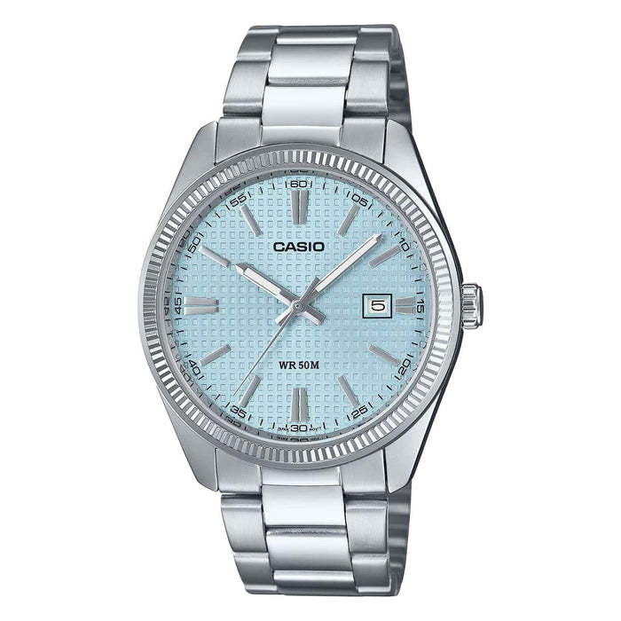 Ανδρικό ρολόι Casio Standard MTP-1302PE-2AV με ασημί ατσάλινο μπρασελέ και γαλάζιο καντραν 44mm, με ημερομηνία.