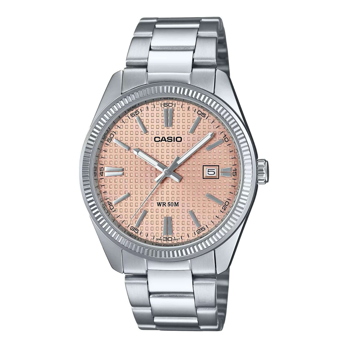 Ανδρικό ρολόι Casio Standard MTP-1302PE-4AV με ασημί ατσάλινο μπρασελέ και σομόν καντραν με ημερομηνία 44mm.