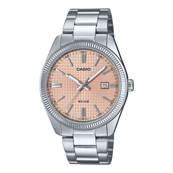Ανδρικό ρολόι Casio Standard MTP-1302PE-4AV με ασημί ατσάλινο μπρασελέ και σομόν καντραν με ημερομηνία 44mm.