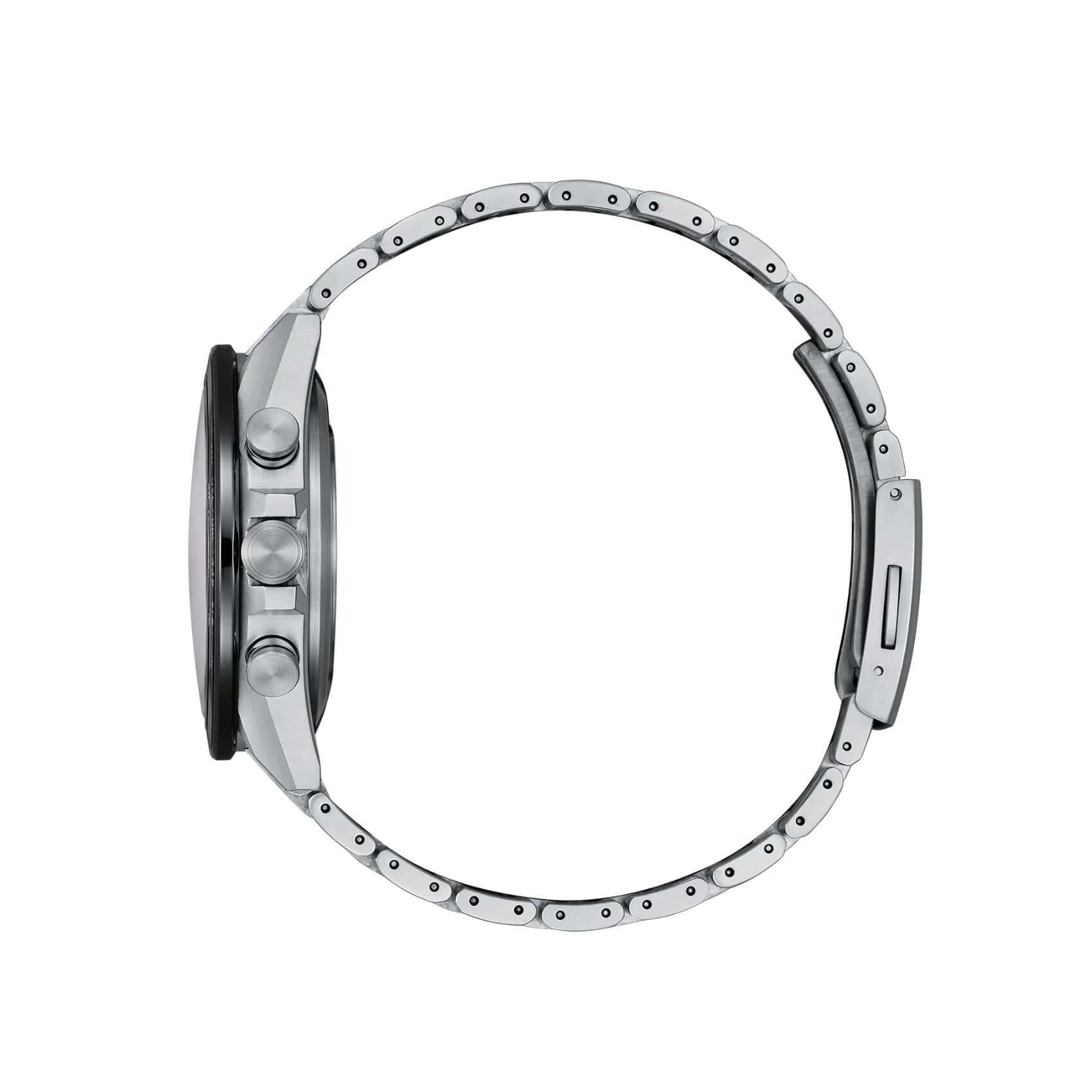 Ασημί μπρασελέ του ανδρικού ρολογιού Citizen Attesa CC4076-65A Limited Edition από Super Titanium με κούμπωμα ασφαλείας.
