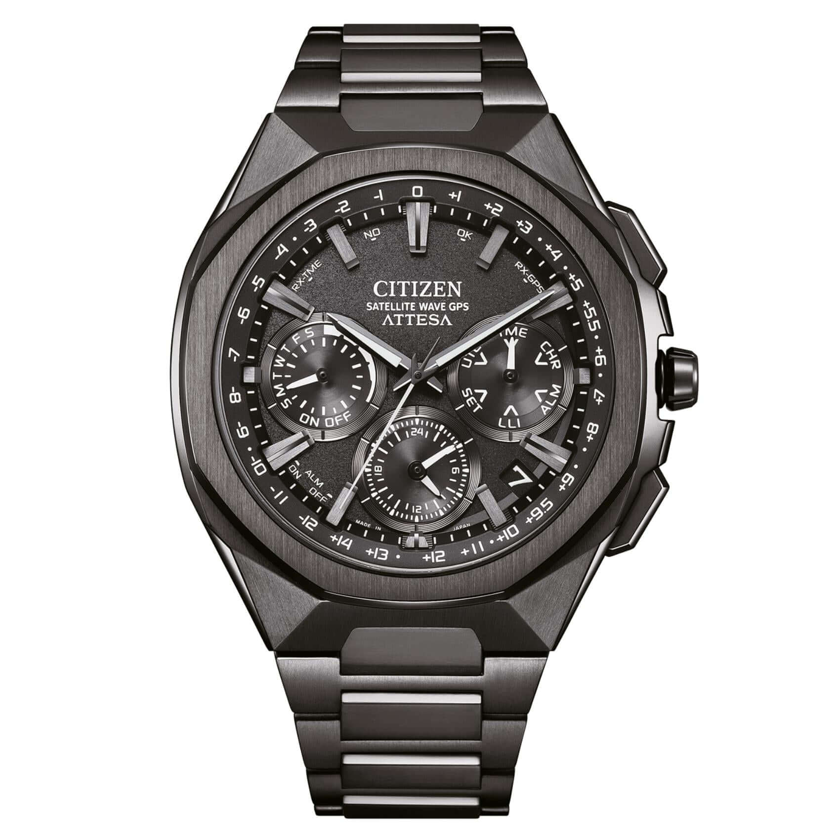 Ανδρικό ρολόι Citizen Attesa CC4105-69E με κάσα και γκρι μπρασελέ από Super Titanium, μαύρο καντράν 44mm, κεραμική οκταγωνική στεφάνη και μηχανισμό Eco-Drive F950-08Z.