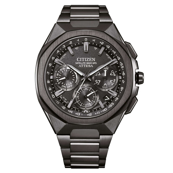 Ανδρικό ρολόι Citizen Attesa CC4105-69E με κάσα και γκρι μπρασελέ από Super Titanium, μαύρο καντράν 44mm, κεραμική οκταγωνική στεφάνη και μηχανισμό Eco-Drive F950-08Z.
