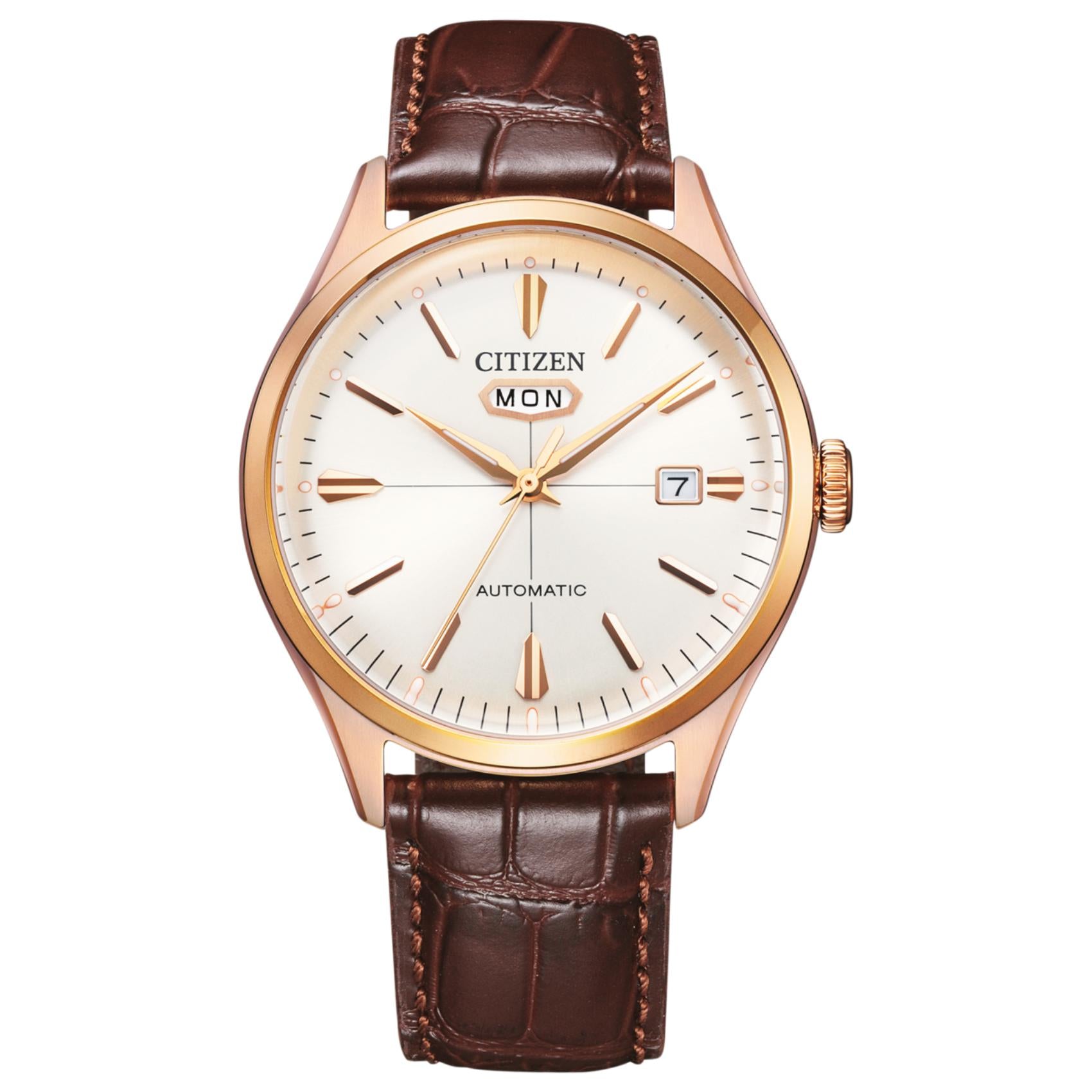 Ανδρικό ρολόι Citizen NH8393-05AE με καφέ λουράκι και λευκό καντράν