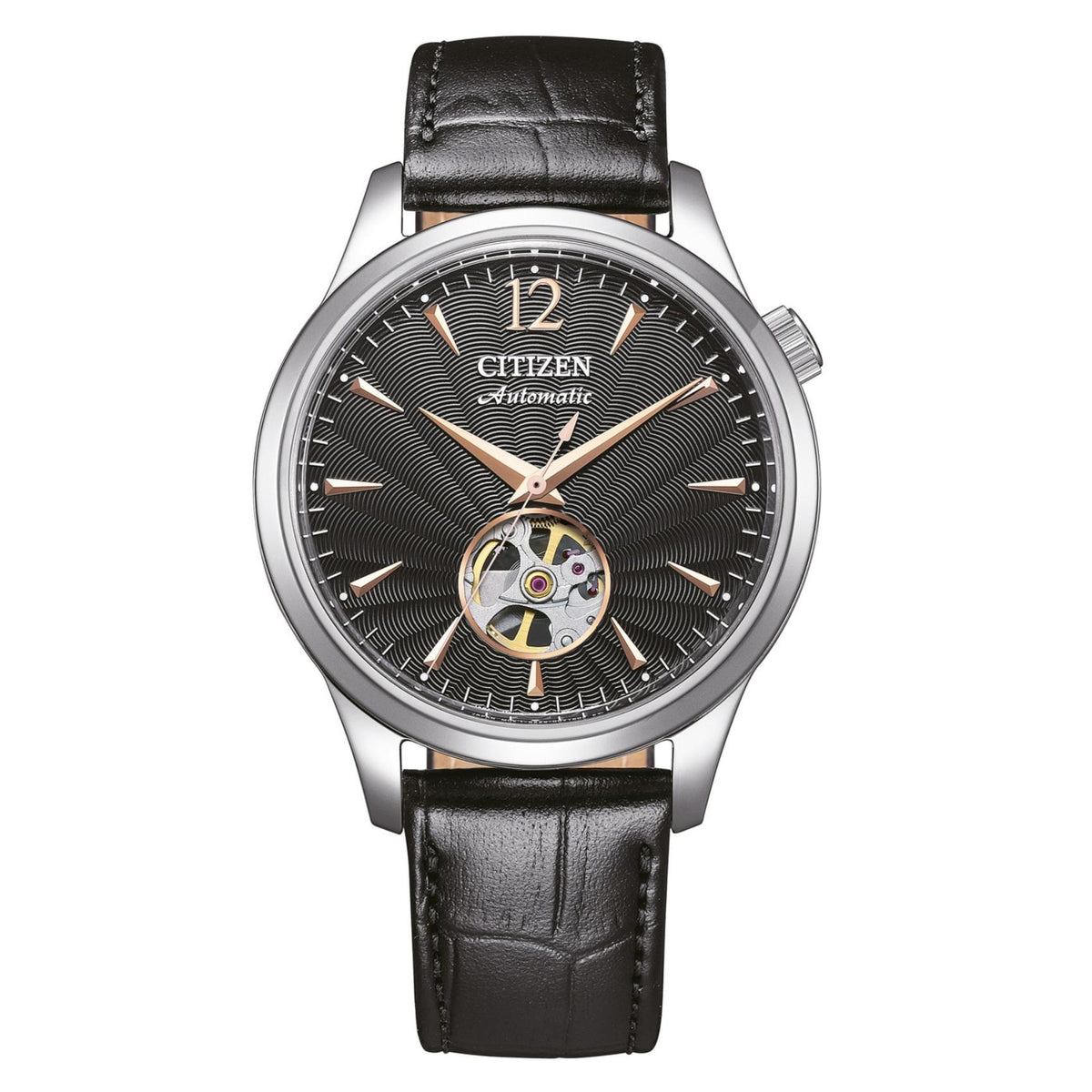 Ανδρικό αυτόματο ρολόι Citizen NH9131-14E με μαύρο λουράκι και μαύρο καντράν