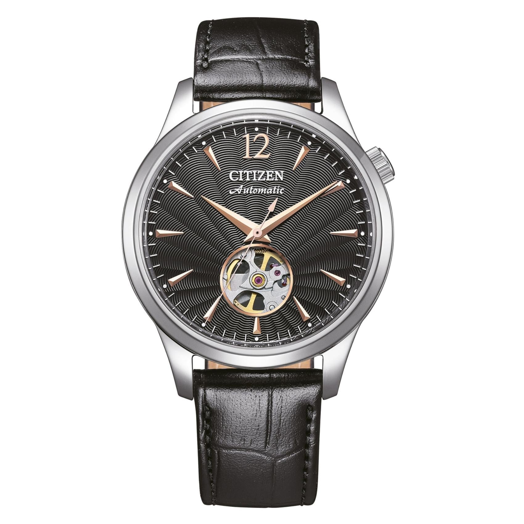 Ανδρικό αυτόματο ρολόι Citizen NH9131-14E με μαύρο λουράκι και μαύρο καντράν