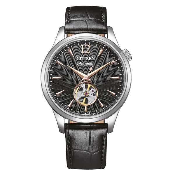 Ανδρικό αυτόματο ρολόι Citizen NH9131-14E με μαύρο λουράκι και μαύρο καντράν