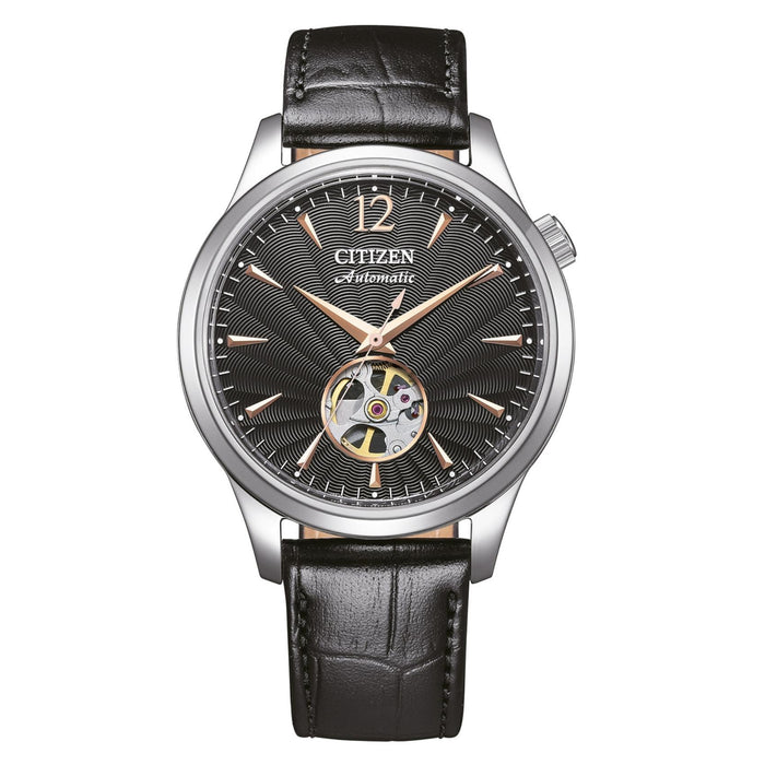 Ανδρικό αυτόματο ρολόι Citizen NH9131-14E με μαύρο λουράκι και μαύρο καντράν