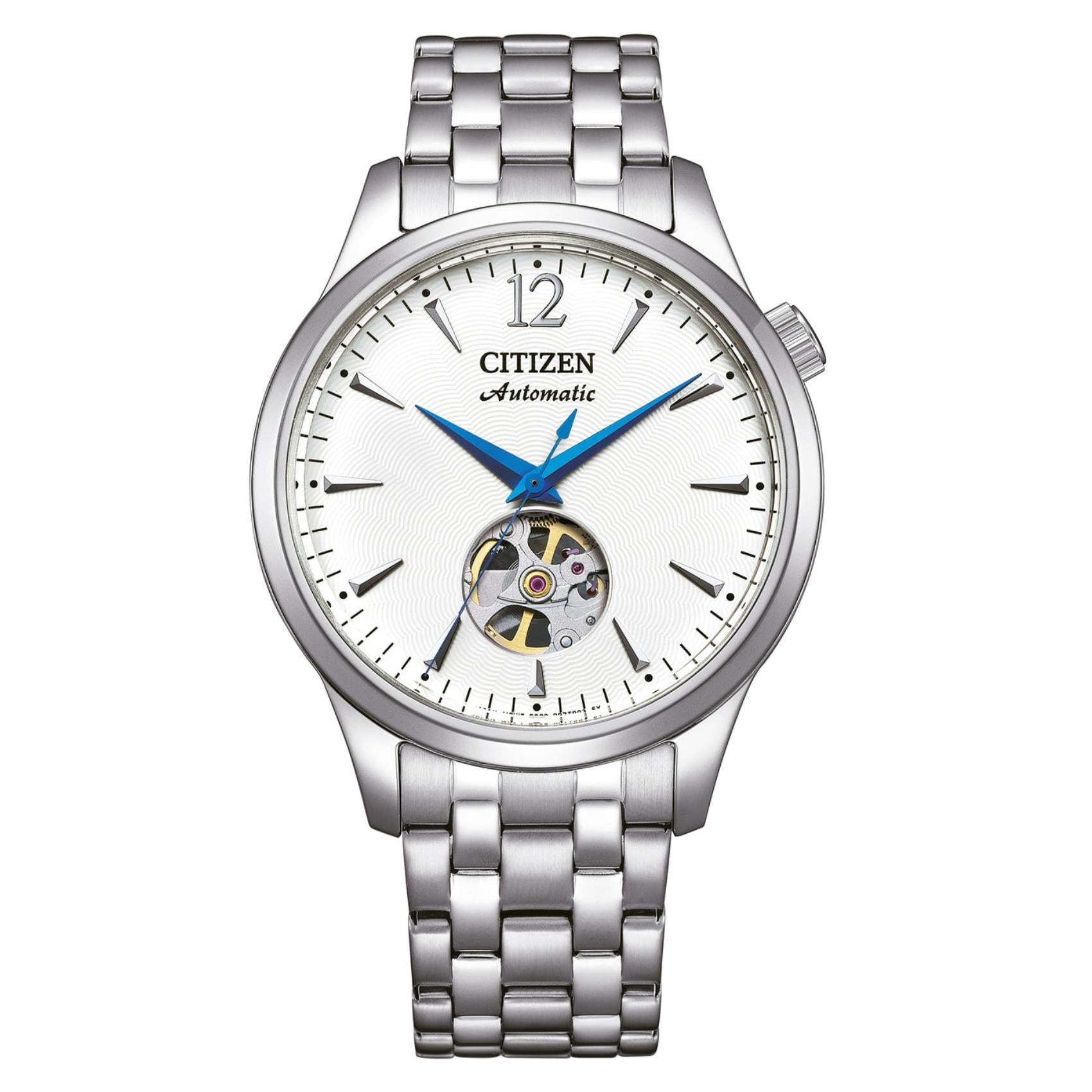 Ανδρικό ρολόι Citizen NH9131-73A με ασημί μπρασελέ και λευκό skeleton καντράν