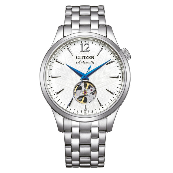 Ανδρικό ρολόι Citizen NH9131-73A με ασημί μπρασελέ και λευκό skeleton καντράν